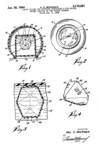 Drawings from Bookman’s 1964 patent for a liquid-filled die agitator. Photo/U.S. Patent and Trademark Office