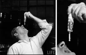 Life magazine ad makes fun of Poynter's toothpaste by showing a man devouring an entire tube.