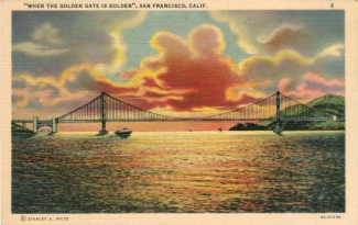 Old postcard of Golden Gate Bridge