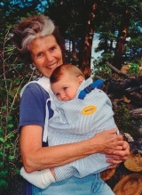 Ann Moore and the baby carrier she invented.