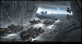 Space transportation ships line up on a deck of Elysium to deport. 