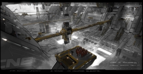 Androids on platforms in a giant factory, which also functions as a cargo hangar.