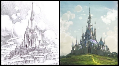 A black and white sketch of Glinda's castle and the final castle.
