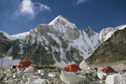 Expedition campsite shows off the Himalayas in the backgroud.