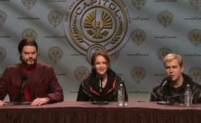 Jennifer Lawrence is in a sketch about having a post-Hunger Games press conference.
