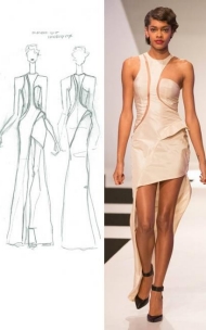 A model walks down the runway in a cream-colored dress cut short in the front and long in the back. Next to it are design sketches from Daniels.