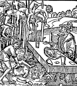 Famous sketch of Vlad dining in the open air among bodies impaled on sticks around him.