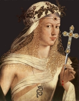 Very old painting of Lucretia Borgia, dressed almost scantily and holding a small cross with a small blade in the base.