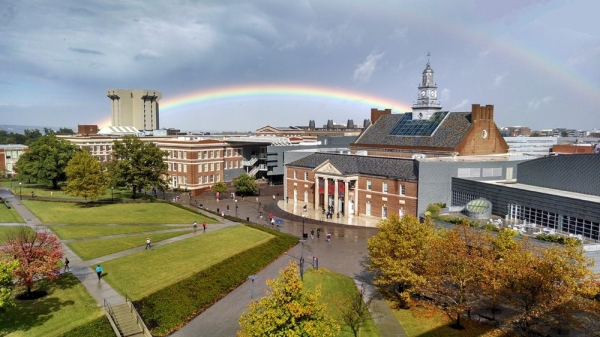 A beautiful double rainbow across the University of Cincinnati campus.