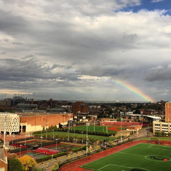 A beautiful double rainbow across the University of Cincinnati campus.