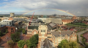 A beautiful rainbow crosses over the University of Cincinnati campus.