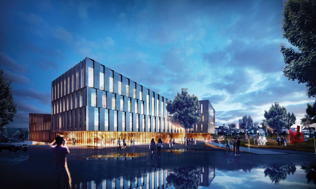 Exterior evening rendering of Business School