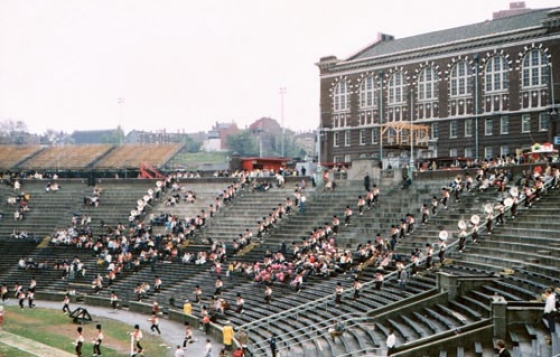 For 50 years, the Marching Bearcats have taken the field before a football game by charging down the steps, carrying their instruments. This photo was snapped at homecoming '69 by Beth Rosenberg Kauffman, Ed '72, now a high-school child-development teacher in Maryland.