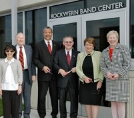 Ready to cut the ribbon to the new Rockwern Band Center are (from the left) Rockwern Trustee Stephanie Amlung, trustee Benjamin Gettler, Mitchell Livingston, Terren Frenz, Gloria Haffer and Nancy Zimpher. 