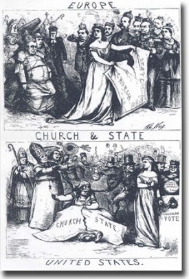 While the Cincinnati Bible War was raging, this pair of cartoons, drawn by the famous cartoonist Thomas Nast, appeared in the Feb. 19, 1870, edition of Harper's Weekly. Associate history professor Linda Przybyszewski explains, "The top drawing depicts Europe as a place where Catholic domination has been thwarted by the heads of state, and the alliance of church and state has been destroyed to the distress of the pope, who collapses. The bottom drawing depicts Catholic Americans as using vote fraud in their efforts to patch together that severed alliance of church and state."