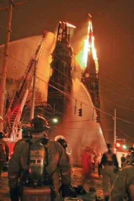 Old Saint George Church on fire.