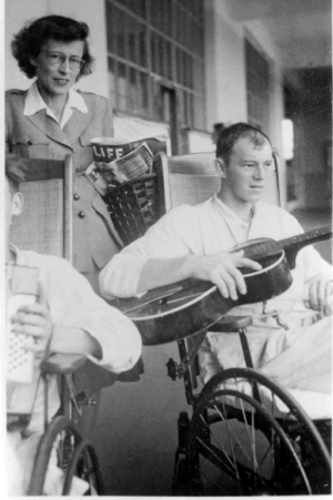 The guitar player is a GI amputee recovering in the university's 25th General Hospital when it operated out of Tongres, Belgium, shortly after the Battle of the Bulge.Distributing reading material behind him is Barbara Lincoln Ashbaugh, A&S '35, whose photos and memories constitute a large portion of this article. 