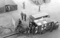 Patients being carried from the ambulance into the hospital in Tongres.