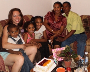 Erin Wagner , left, celebrates a birthday party in her apartment in Dominican Republic with some friends.