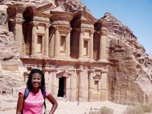 Brittney Smith at Petra, Jordan, a few years ago when she was piloting a potential exchange   program opportunity with Al Zaytoonah Private University of Jordan for the UC International   Programs Office.