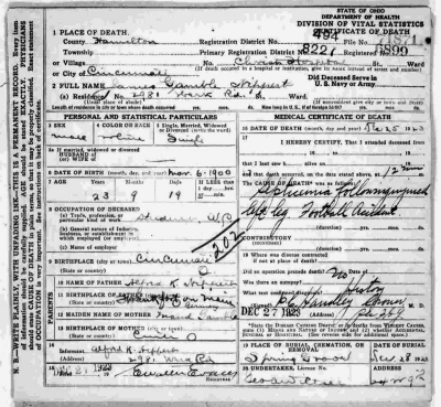 Nippert's birth record and death certificate, University of Cincinnati