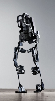 A robotic exo-skeleton shown without anyone wearing it.