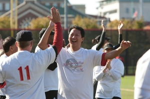 President Ono took part in the Battle for the Bat, an annual softball game between students and faculty.