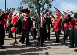 The UC band, cheerleaders and Bearcat mascot helped officially welcome Santa Ono as president in October 2012. photo/Dottie Stover