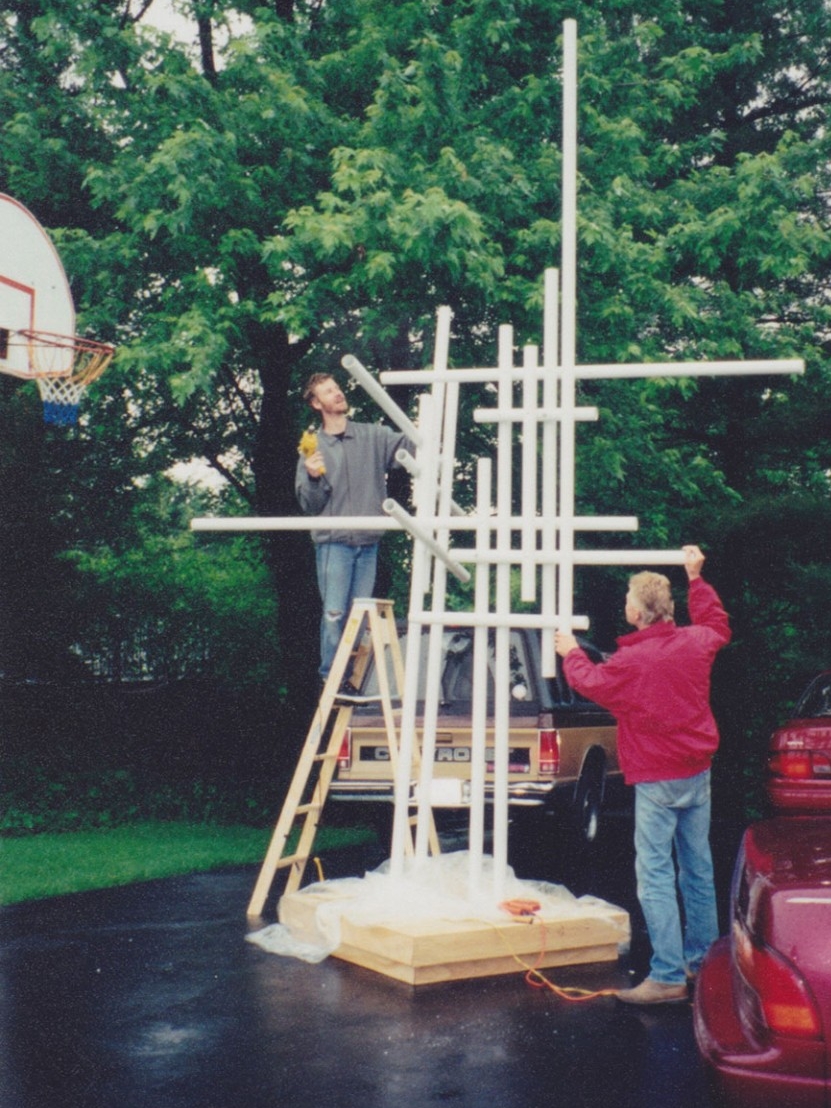 Matt Berninger and his dad build a pipe sculpture in their driveway