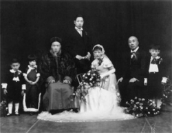 Wedding photo from 1934 Shanghai shows Frank's parents in western-style formal dress and his Grandfather Liu in traditional attire. At right is China's finance minister, who gave away the bride.   photos/courtesy of Frank Leo.