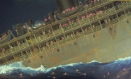 The sinking of the Dorchester with men bobbing in the water.