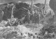 A black and white sketch of four chaplains holding hands on the last shred of sinking ship while soldiers try to swim in the water around them.