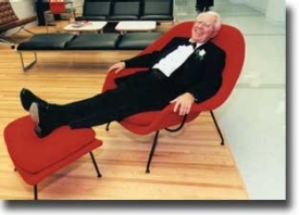 Attending the opening of the Aronoff Center for Design and Art, Dr. Steger tried out the new Knoll furniture. -- photo/Lisa Ventre