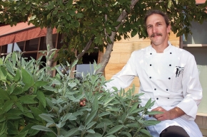 In his chef's coat, Randy Wergers, executive chef of the Kingsgate Marriott restaurants, displays a large growth of herbs he grows on the hotel property.