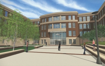 A rendering reveals a renovated entrance to the Teachers College/Dyer Hall.