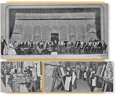 Photos from the turn of the 19th century depict OMI Symphony Orchestra students, a machine shop and a class in clay modeling, which created molds for architectural features on buildings.