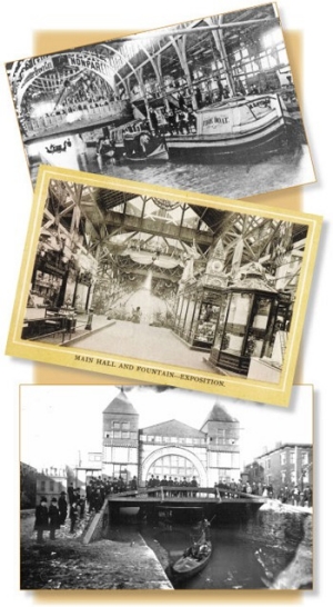 In 1888, VIPs arrived at the Centennial Exposition by gondolas, via the Miami-Erie Canal, now the location of Central Parkway. Three entire blocks of the canal were entirely covered with a temporary, elongated structure. At top, a fire boat enters the Machinery Hall. In the middle, a fountain decorates the main hall of the Exposition Building.