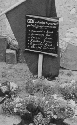 A handmade sign commemorates the six Jewish resistance fighters killed in the Czestochowa Jewish cemetery in 1943. Sigmund's brother, Jerzyk, is listed second from the bottom.