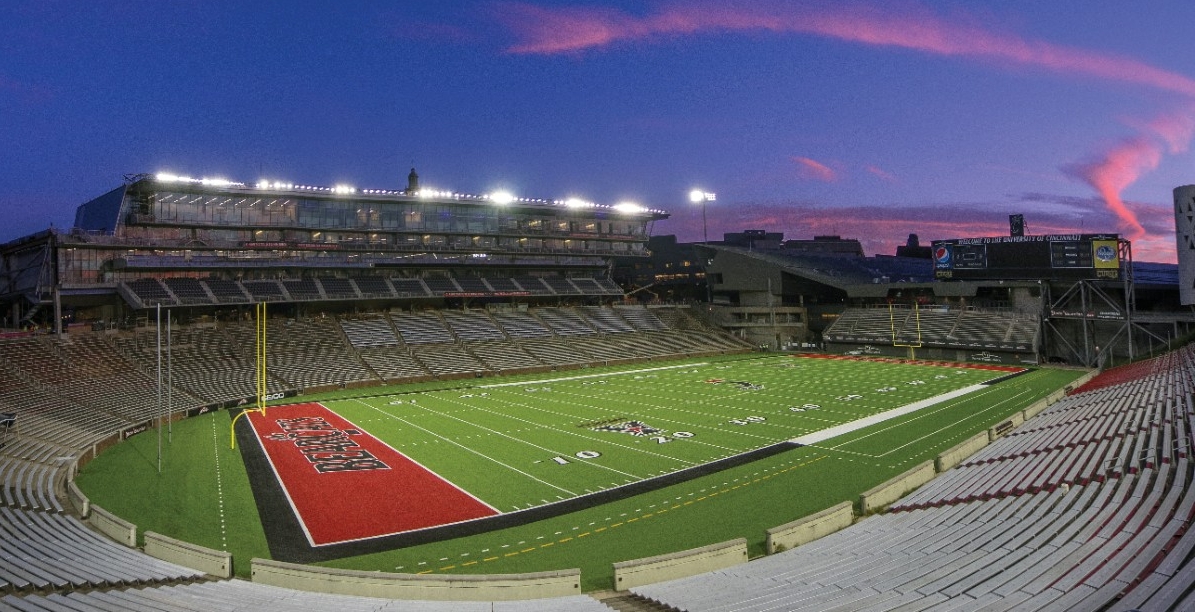 The University of Cincinnati football venue, Nippert Stadium at sunset.