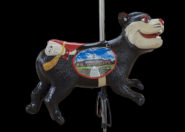 A carousel figure in the shape of the University of Cincinnati mascot, a Bearcat.