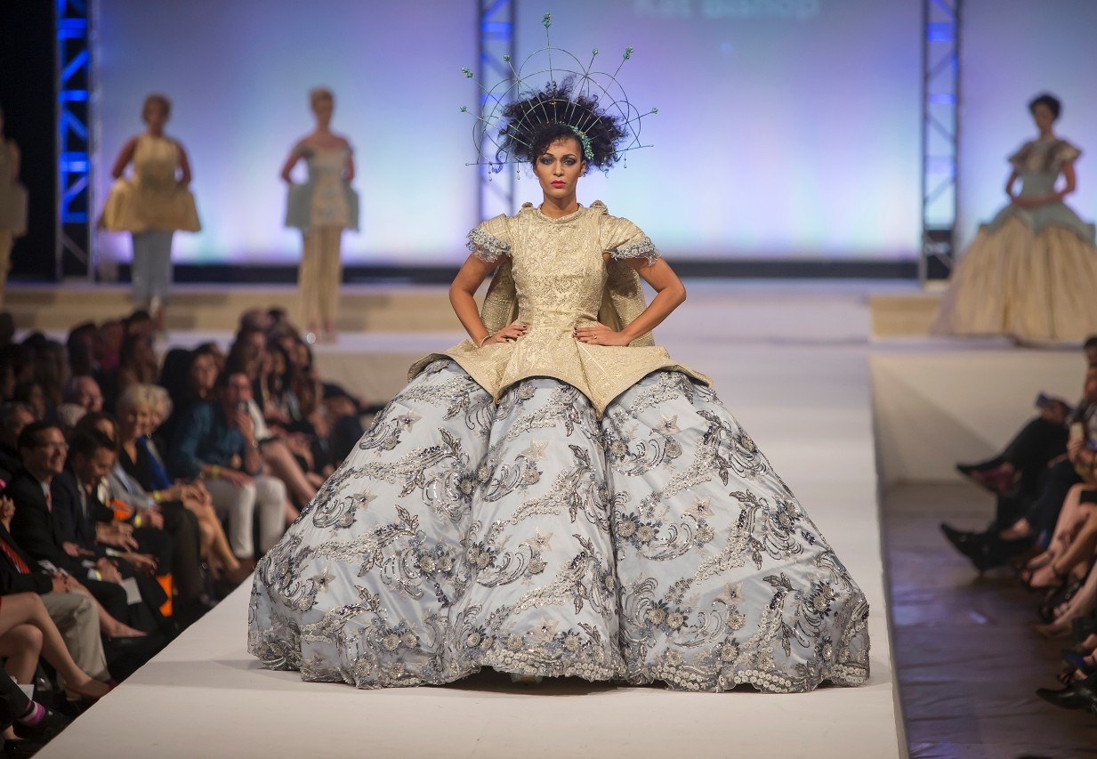 An enormous skirt and fitted top -- one of the edgy designs of the University of Cincinnati fashion design students.