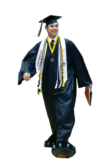 A University of Cincinnati student, who served as a costumed UC bearcat mascot, wears the feet to receive his diploma