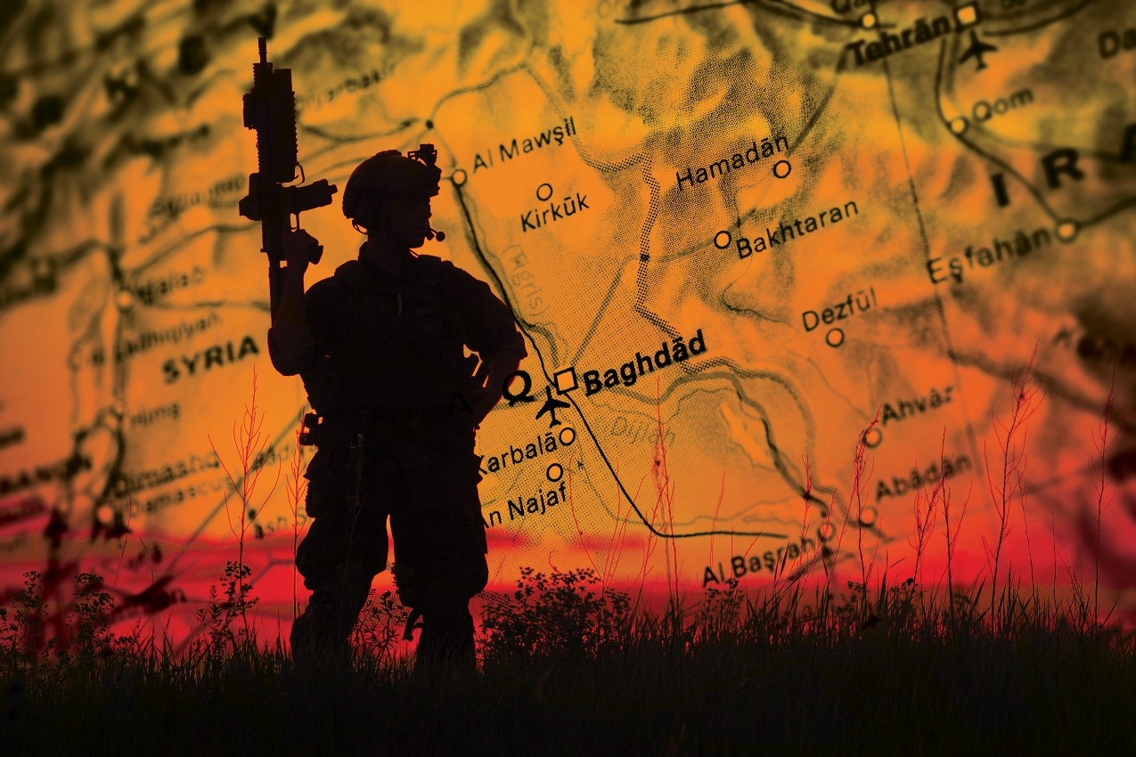 The silhouette of a soldier across the backdrop of a map in blazing orange.