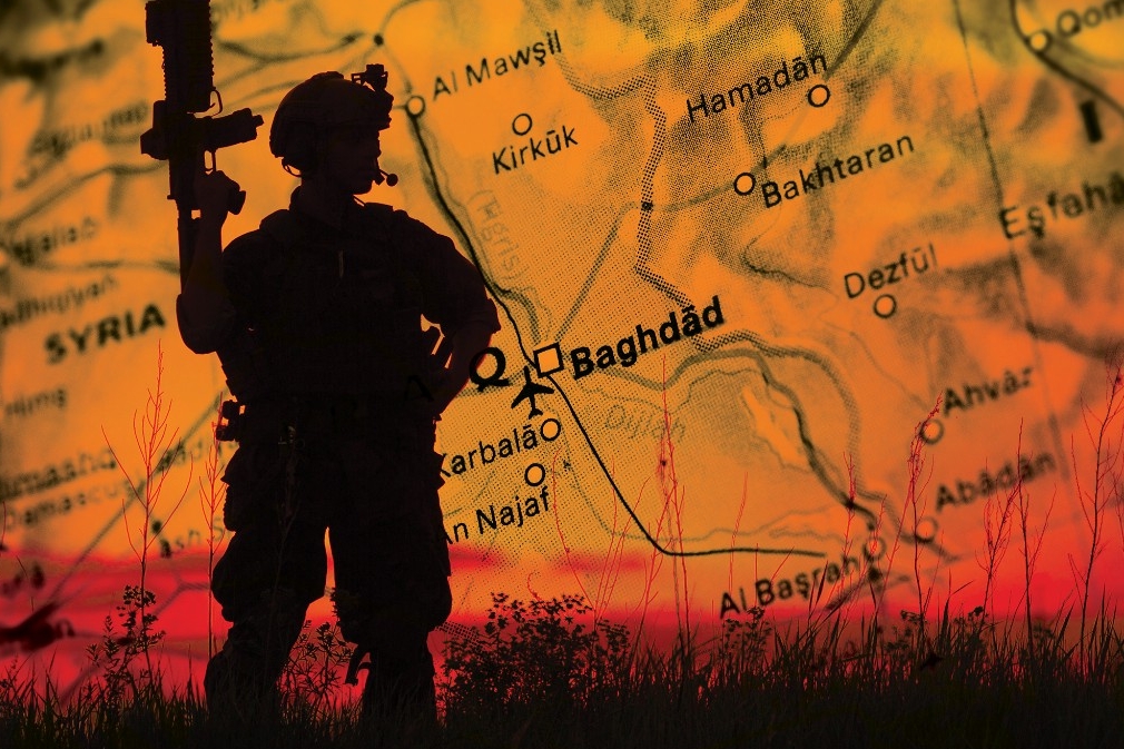 This photo-illustration has a fiery red and gold background with a map of Iraq, with a silhouetted soldier.