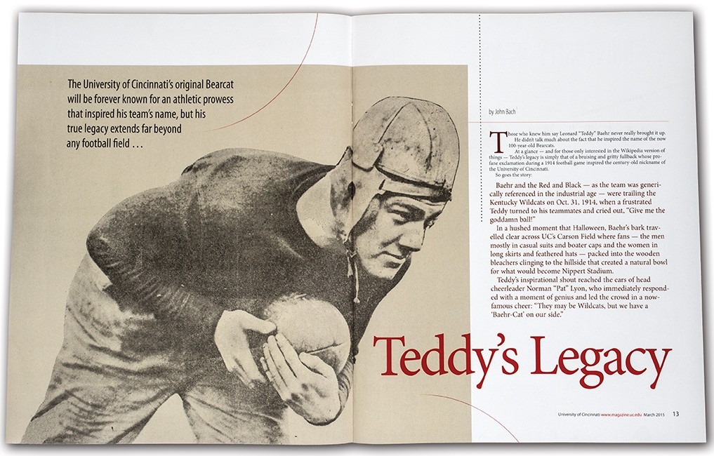 An open spread of a magazine featuring an old-time, leather helmeted football player, from UC Magazine.