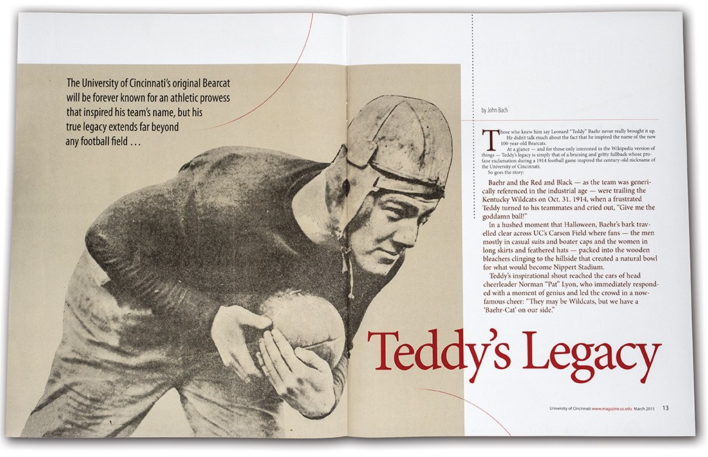  A spread from March UC Magazine shows Teddy Baehr carrying football.