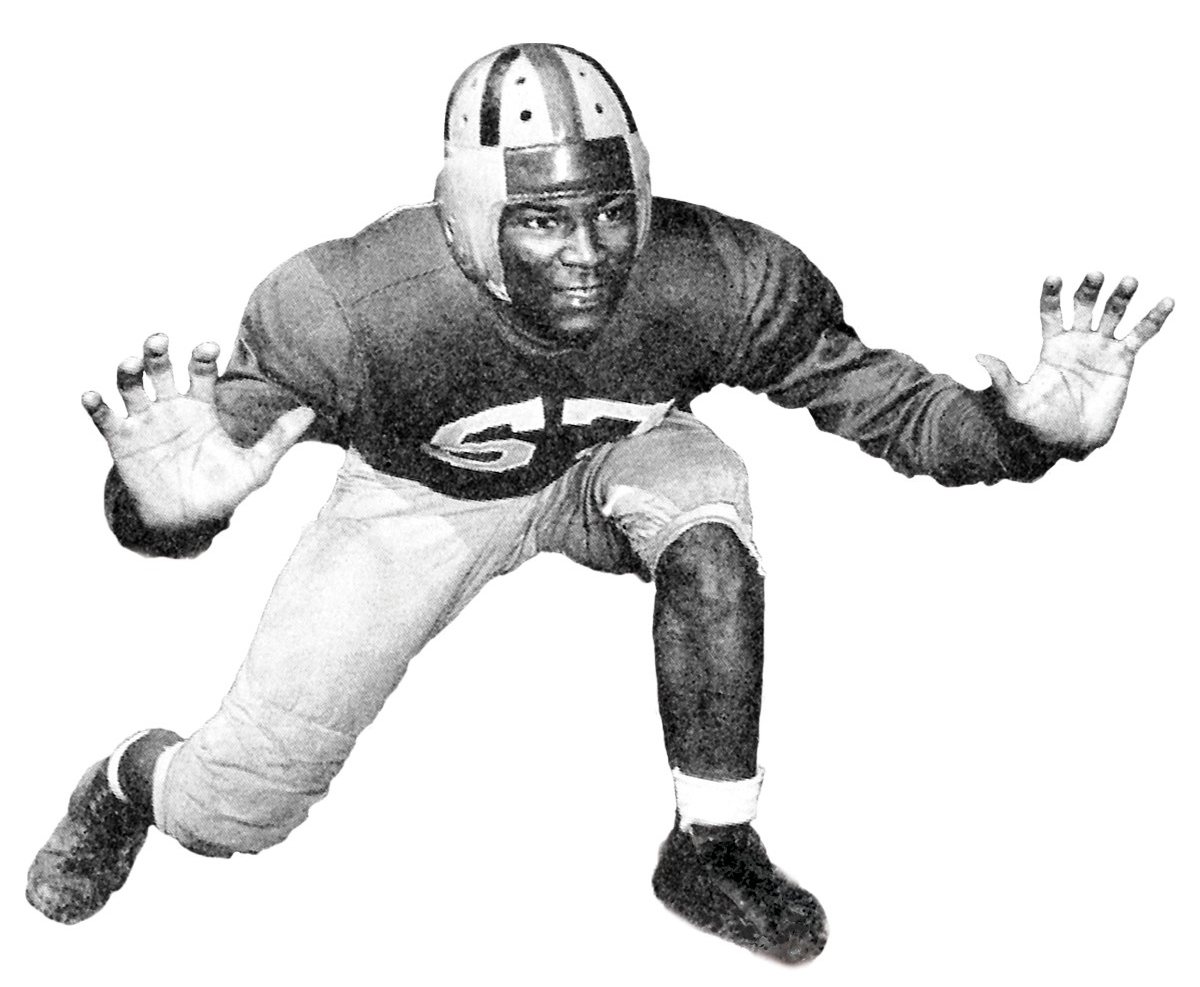 Will Stargel in a football stance in 1940s.