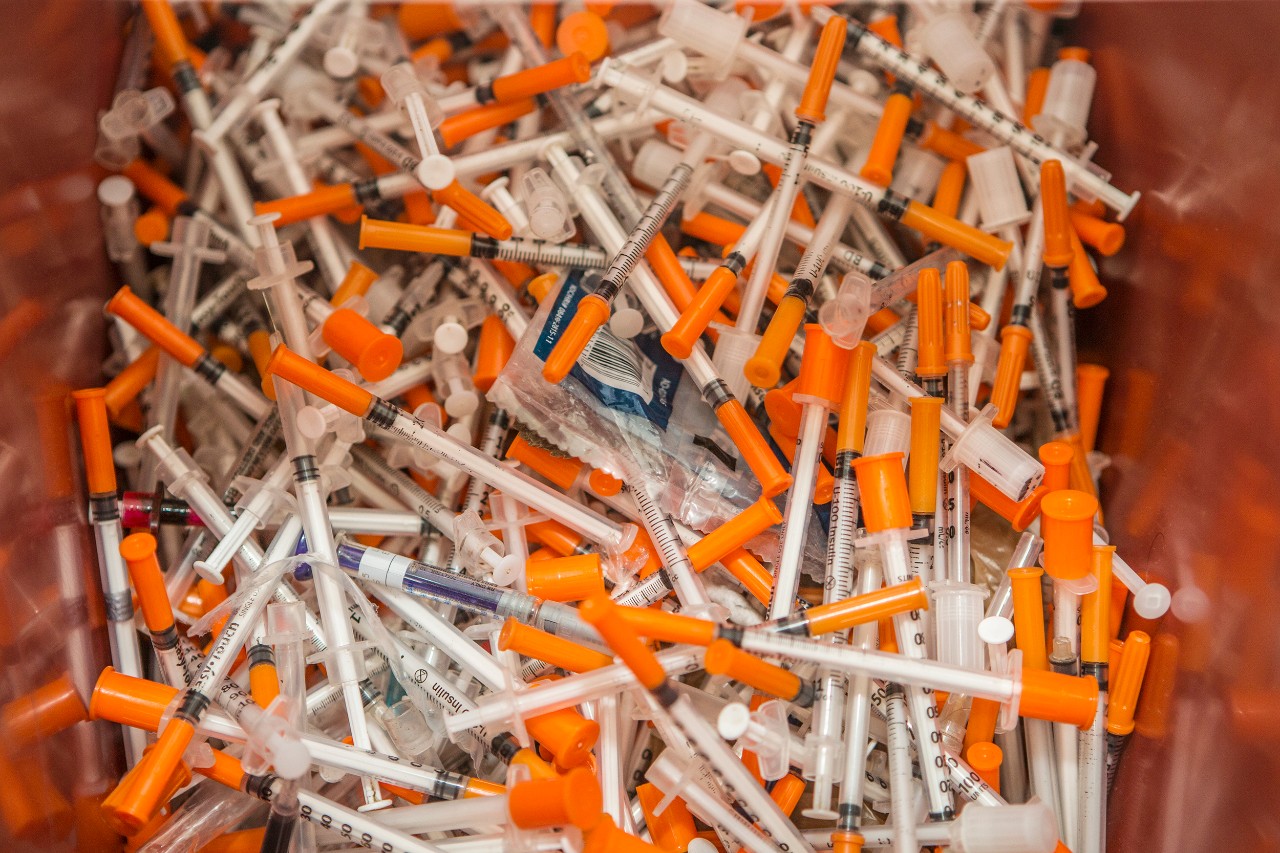 A bin of used needles from the Cincinnati Needle Exchange.