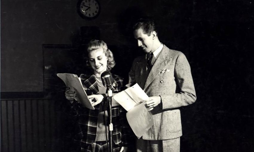 A CCM radio studio in 1955 with students Rosemary Bolte and Jack Sharp Jr. at the microphone.