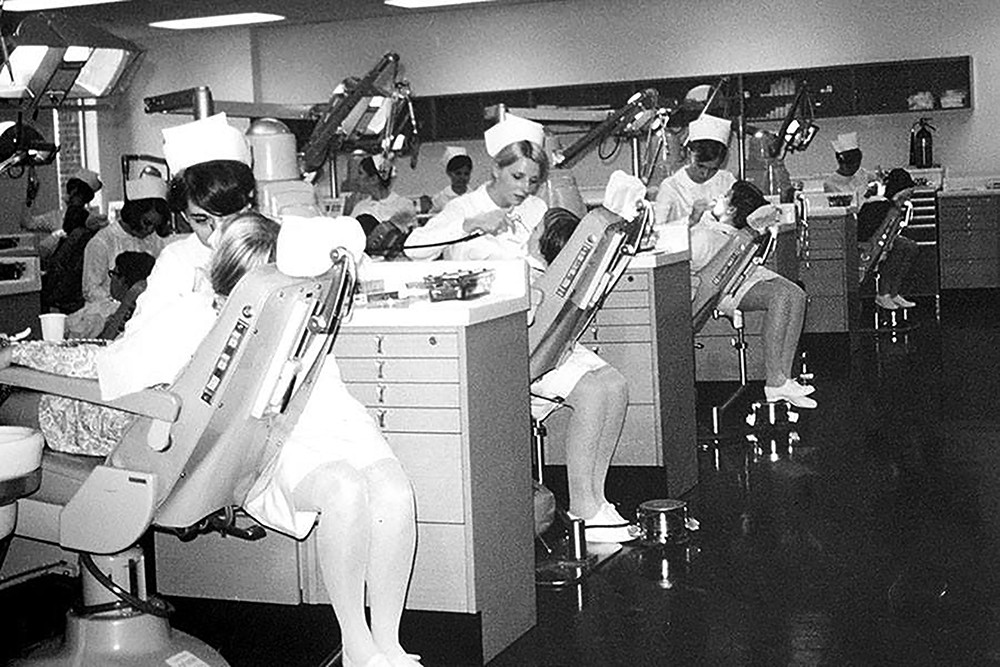 A class of dental hygenists clean teeth in the 1960s at Raymond Walters